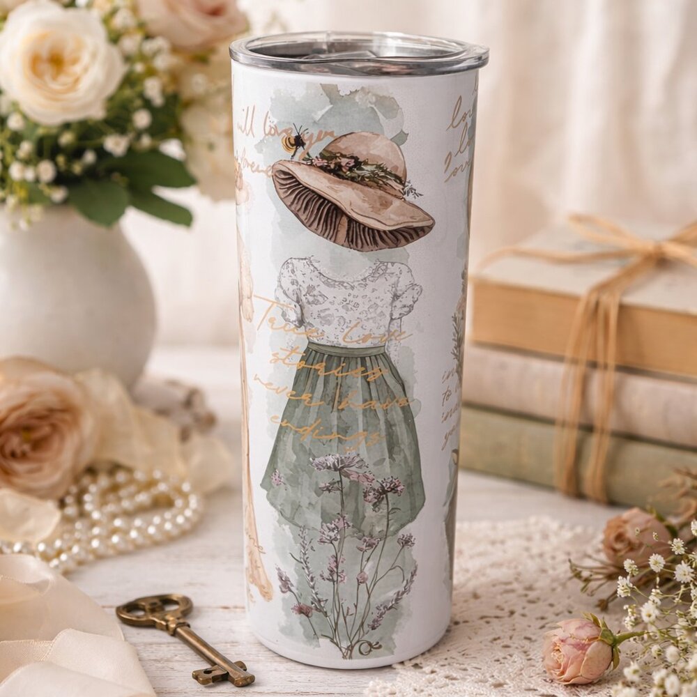 Vintage Cottagecore Romance 20oz Stainless Steel Tumbler | Floral Hat Aesthetics